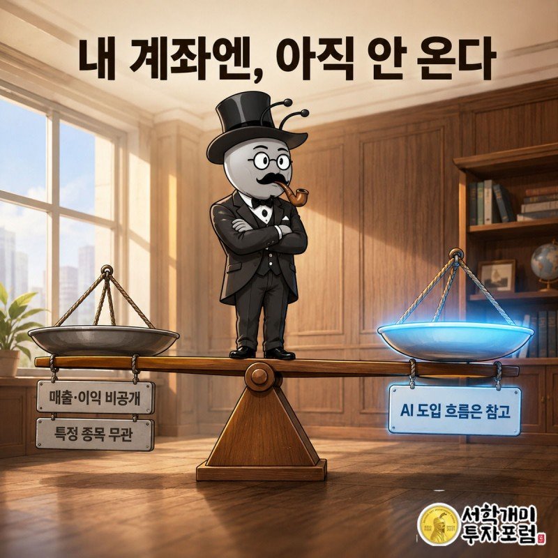 서민개미가 팔짱을 끼고 텅 빈 왼쪽 접시와 빛나는 오른쪽 접시가 있는 저울을 의심스러운 표정으로 바라보는 장면.