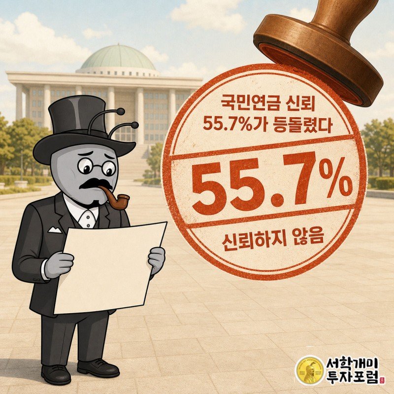 국민연금을 신뢰하지 않는다는 응답이 55.7%로 나타나 통지문을 든 개미가 낙담한 표정을 짓고 있는 커버 일러스트