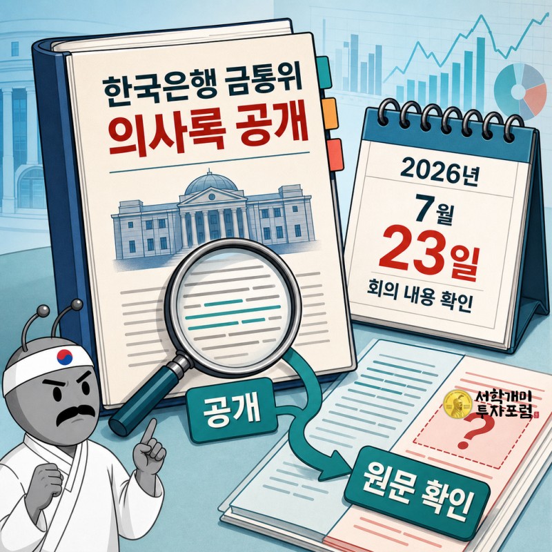 한국은행 금융통화위원회 제14차 의사록 공개와 2026년 7월 23일 회의 내용 확인을 설명하는 동학개미 기자 표지