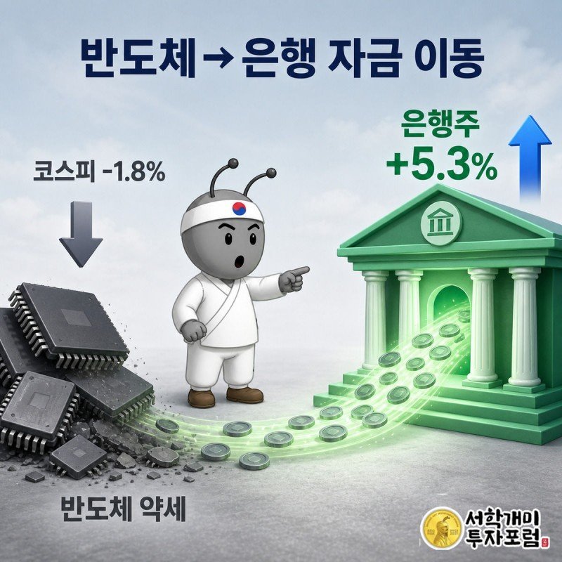 반도체에서 은행으로 자금이 옮겨가는 순환매 흐름을 코인 물줄기로 표현한 그림