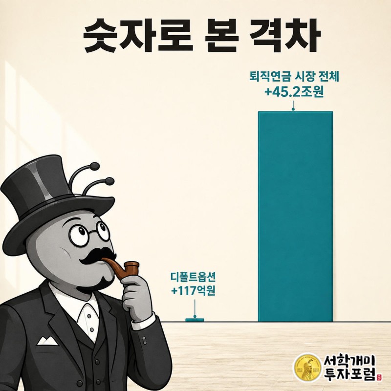 디폴트옵션의 작은 증가 막대와 퇴직연금 시장 전체의 거대한 증가 막대를 개미가 올려다보며 비교하는 그림