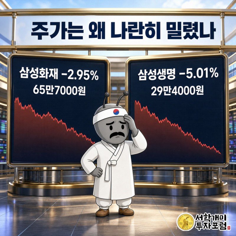 서민개미가 삼성화재와 삼성생명 주가 전광판이 나란히 하락하는 것을 낭패한 표정으로 바라보는 장면