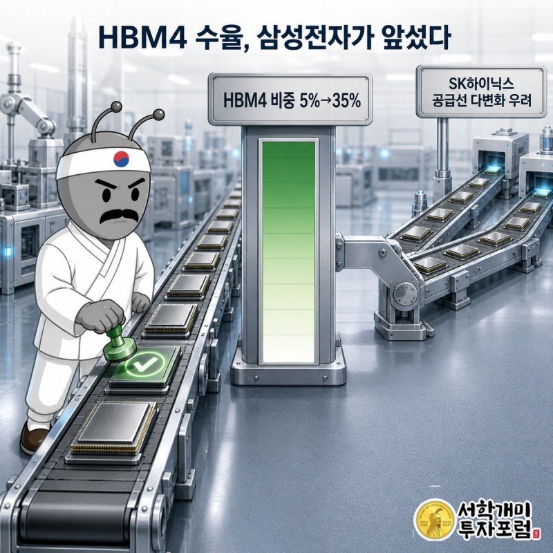 컨베이어 벨트 위 HBM4 칩이 35%까지 차오른 막대그래프와 함께 개미 캐릭터가 합격 스탬프를 찍는 장면, 뒤편에는 SK하이닉스 공급선이 갈라지는 모습