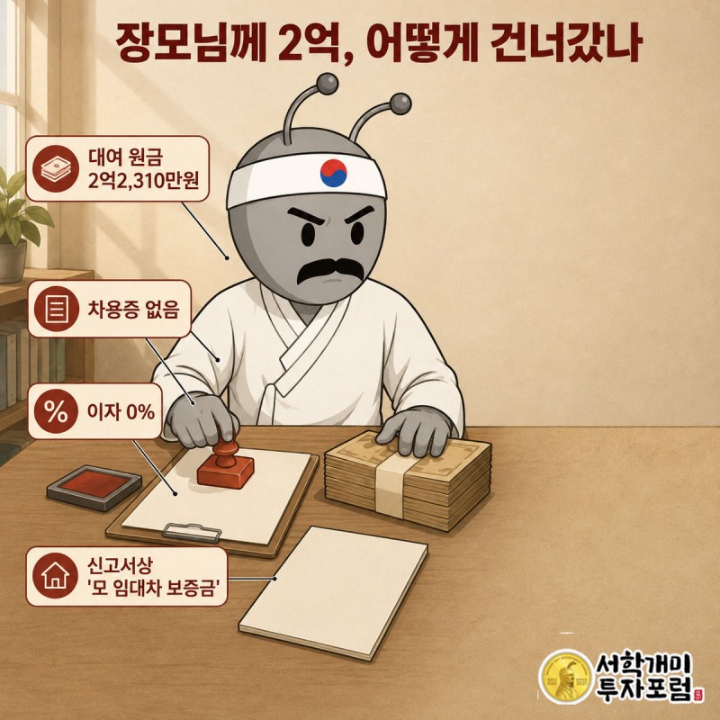 부자개미가 전세 계약서 위에 지폐 다발을 올려놓고 붉은 무이자 도장을 몰래 찍으며 주변을 살피는 모습