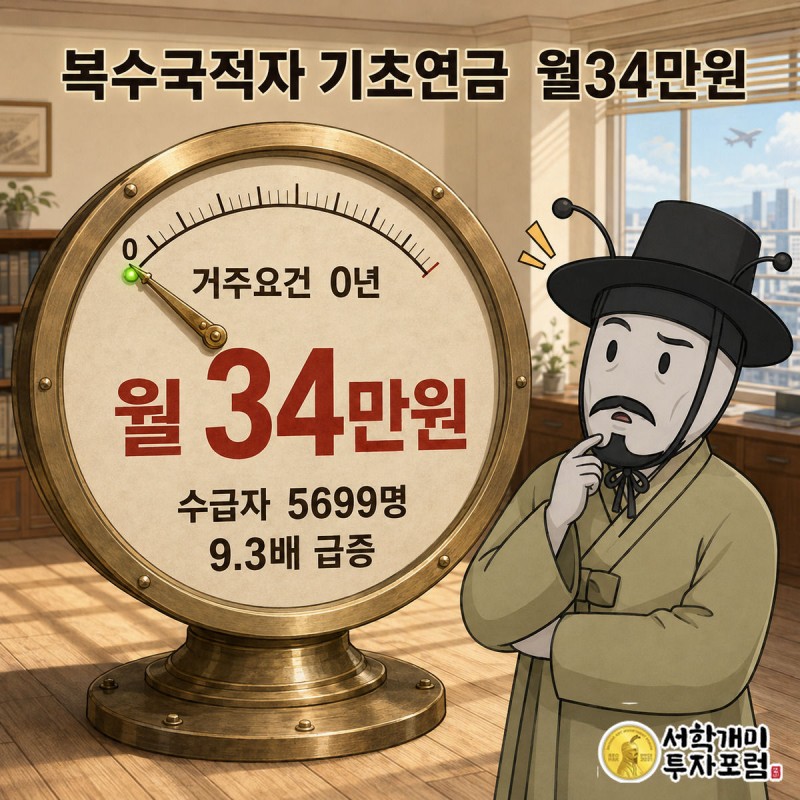 부자개미가 거주요건 0년을 가리키는 게이지 앞에서 돈자루를 메고 웃는 모습과 월34만원 수치를 강조한 기초연금 뉴스 커버