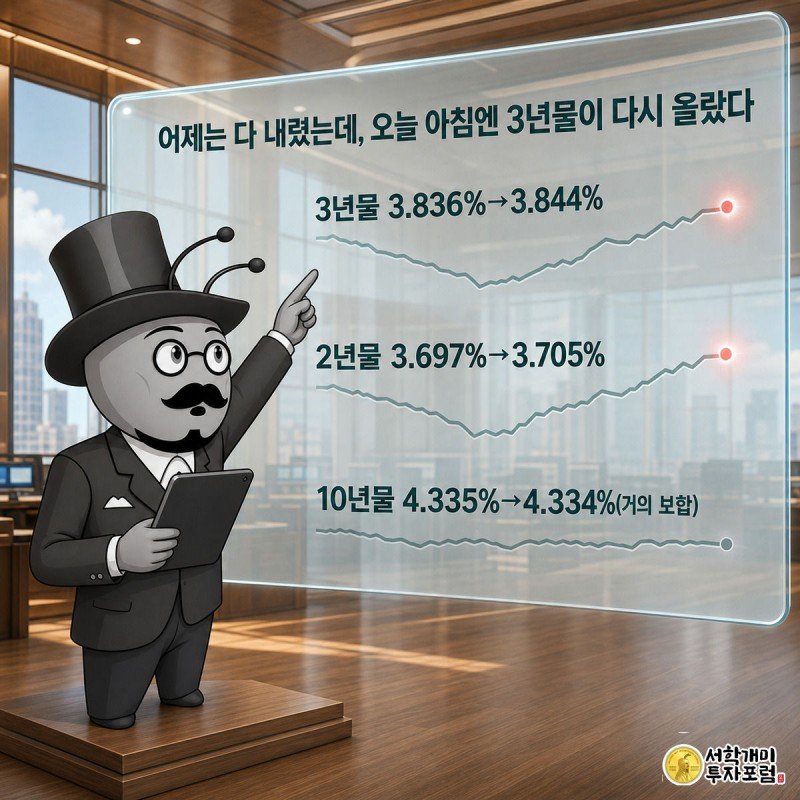 어제 마감 전광판 위로 오늘 오전 3년물·2년물 상승 수치가 새로 켜지는 것을 개미가 놀란 표정으로 확인하는 모습