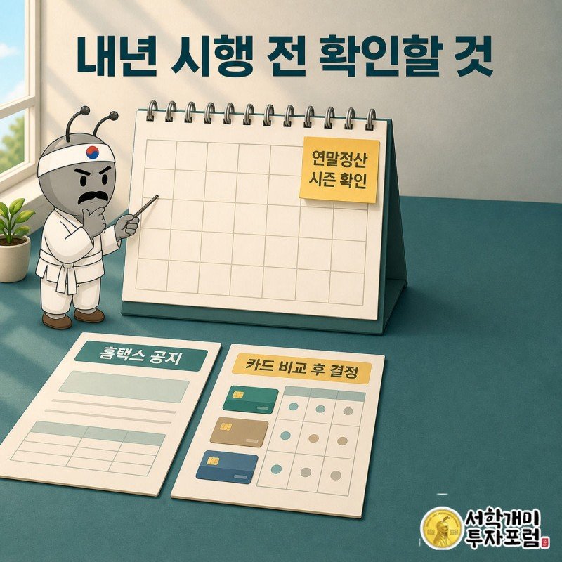 탁상 달력과 연말정산 서류 앞에서 서민개미가 카드 비교표를 짚어보며 확인하는 모습