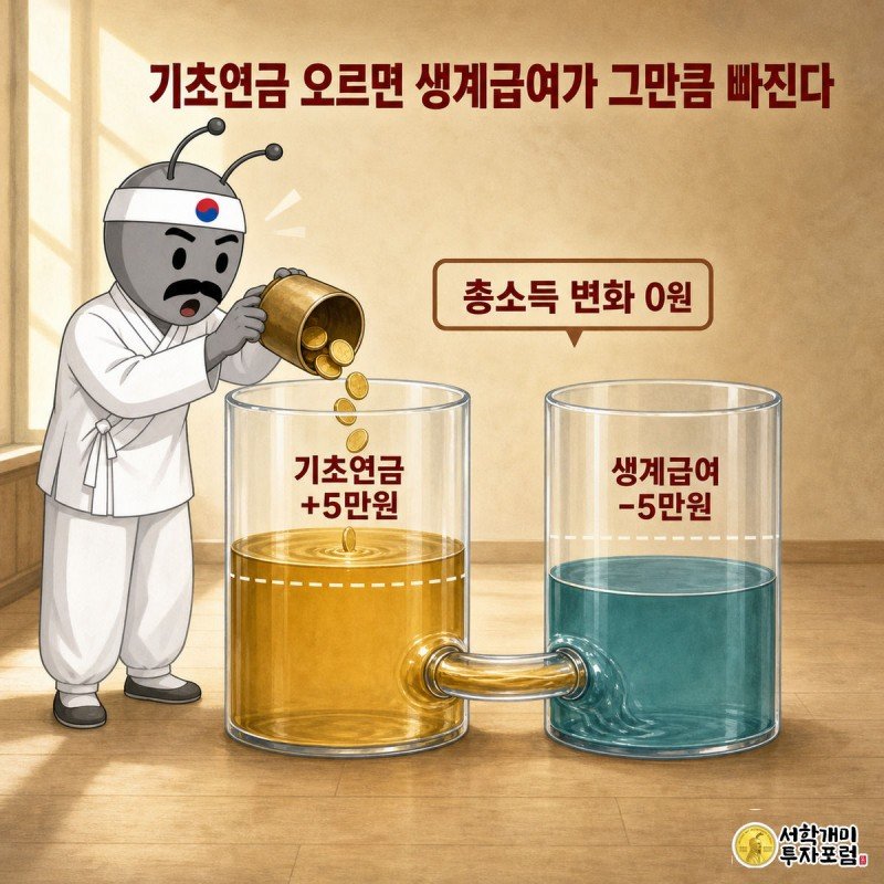 연결된 두 유리병에서 기초연금 쪽에 동전을 부으면 생계급여 쪽 수위가 같은 만큼 내려가는 구조를 개미가 당황한 표정으로 보는 장면