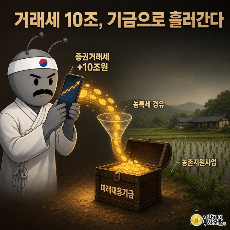 개미가 스마트폰으로 주식을 거래하자 동전이 흘러나와 농특세를 거쳐 미래대응기금 상자로 들어가고 그 뒤로 농촌 논 풍경이 보이는 정보 일러스트