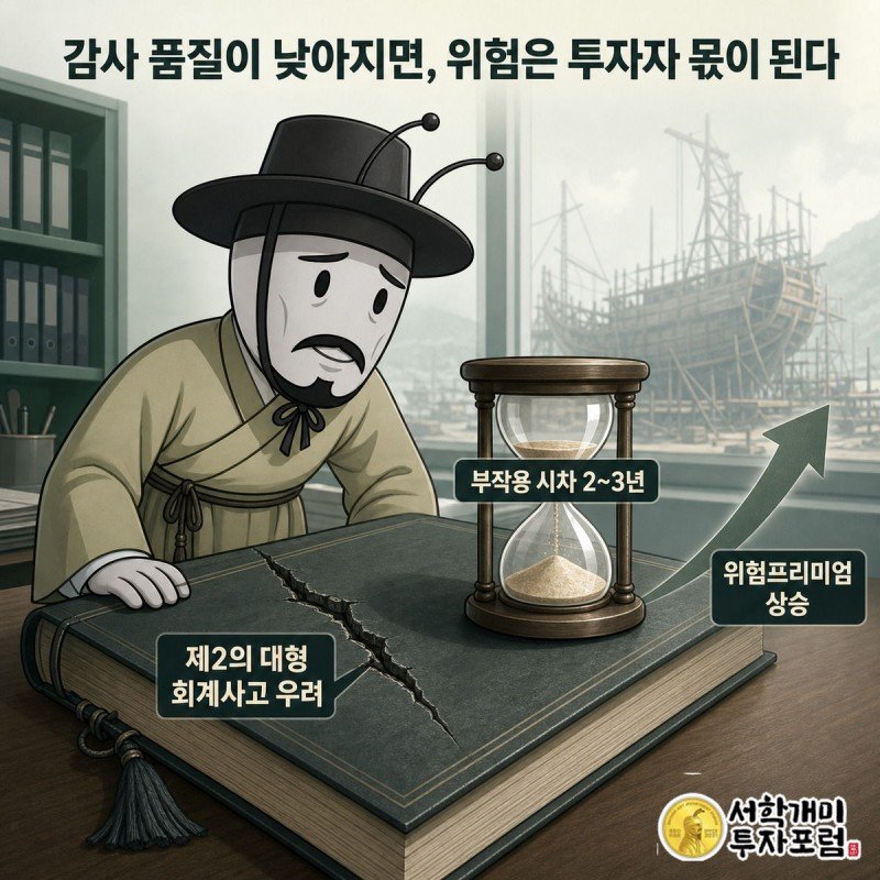 금이 간 회계장부 위 모래시계가 2~3년의 시차를 나타내고 부자개미가 불안한 표정으로 장부를 들여다보는 장면