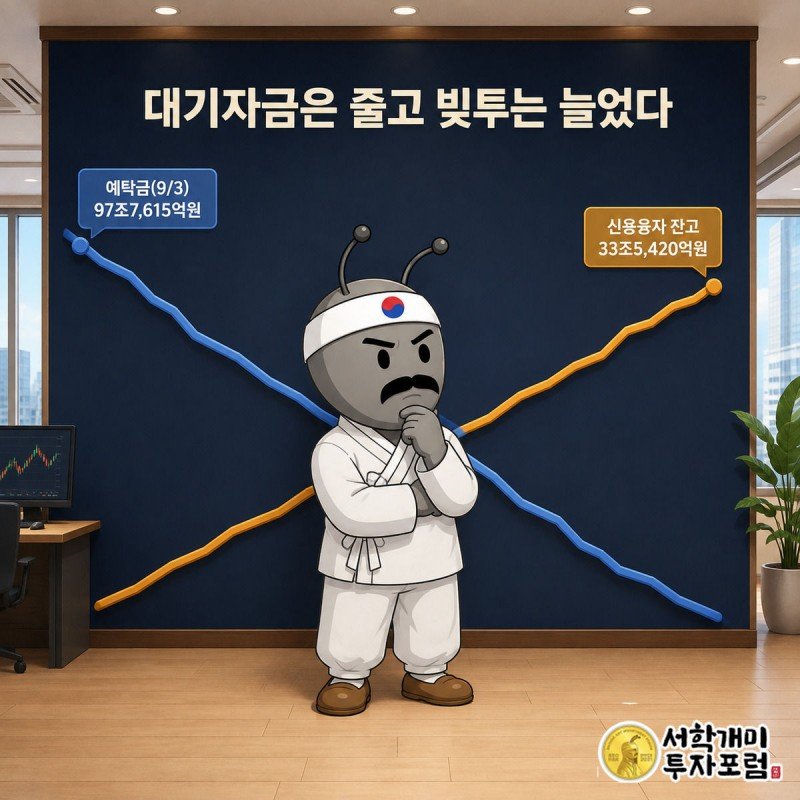 하락하는 예탁금 곡선과 상승하는 신용융자 곡선이 교차하는 그래프 앞에서 개미가 혼란스러워하는 그림