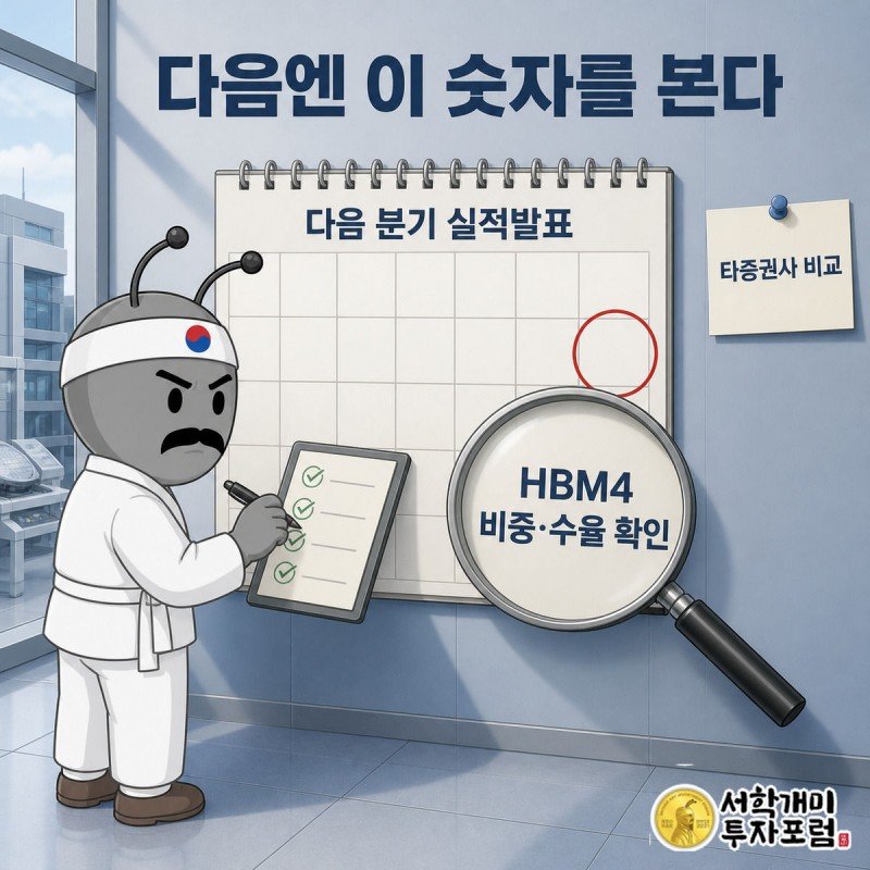벽걸이 달력의 다음 실적발표일을 돋보기로 비추며 개미 캐릭터가 체크리스트에 표시하는 장면