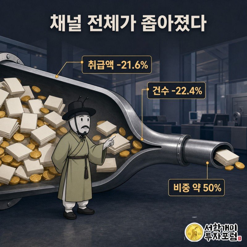 자금이 흐르는 파이프가 좁아지며 5대 은행 대출모집인 채널의 취급액과 건수가 함께 줄어드는 모습을 표현한 이미지