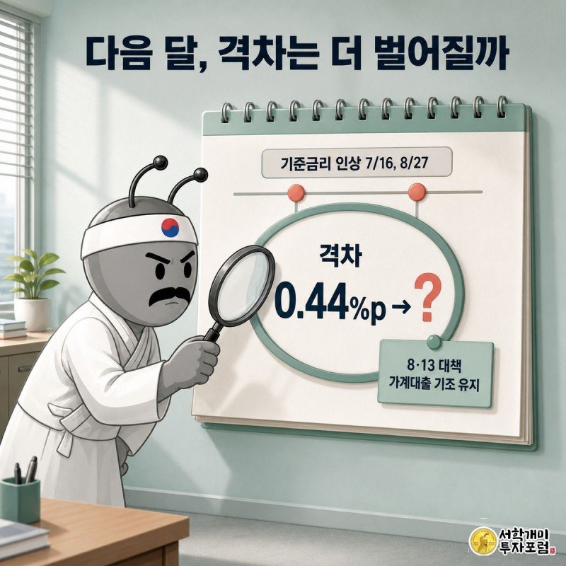 달력의 기준금리 인상 날짜와 물음표가 붙은 격차 수치 카드를 돋보기로 들여다보는 개미 장면