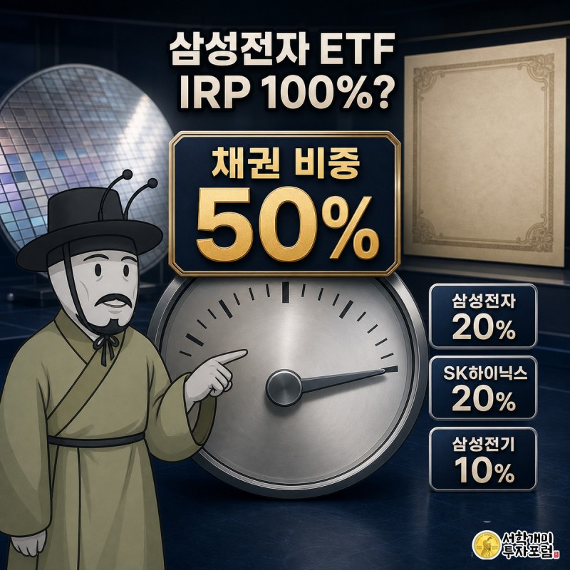 게이지 바늘이 100을 가리키는 계기판 옆에서 개미가 놀란 표정으로 채권 비중 50% 표식을 가리키는 삼성전자·SK하이닉스 ETF 표지 이미지