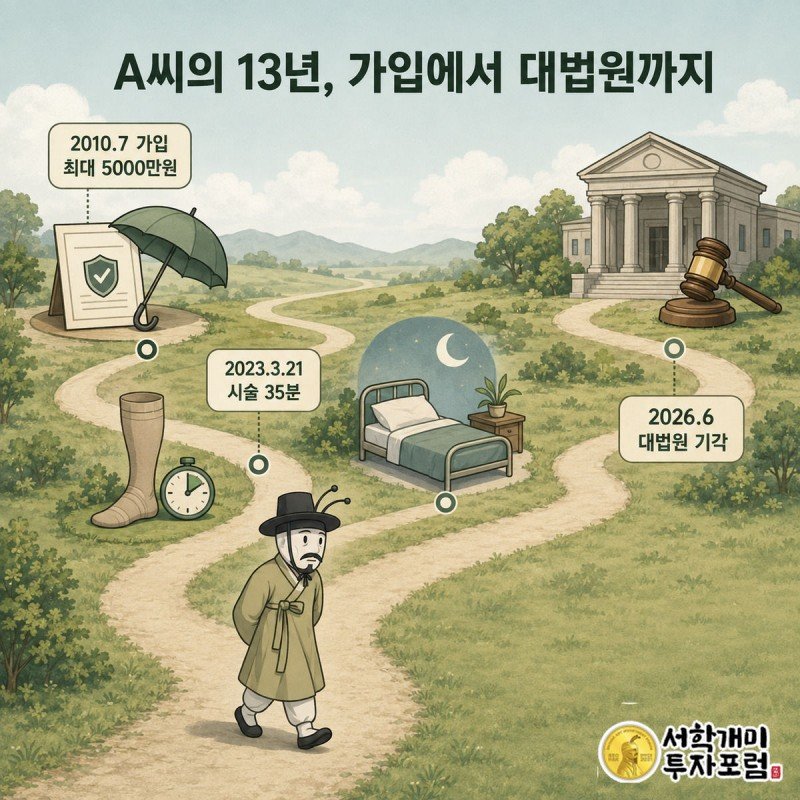 2010년 보험 가입부터 2023년 시술, 2026년 대법원 기각까지 이어지는 시간축 위를 걷는 개미