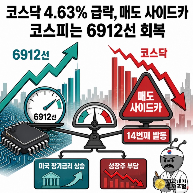 동학개미 기자가 코스닥 급락과 코스피 회복의 시장 분화를 설명하는 표지