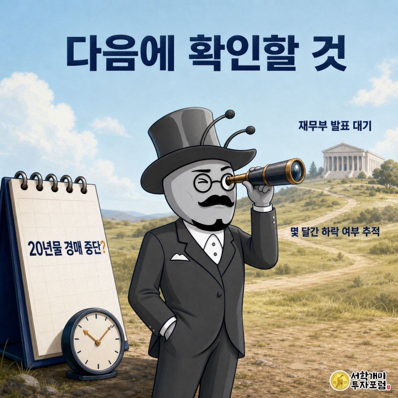 달력의 물음표 앞에서 개미가 망원경으로 재무부의 다음 발표를 기다리는 모습
