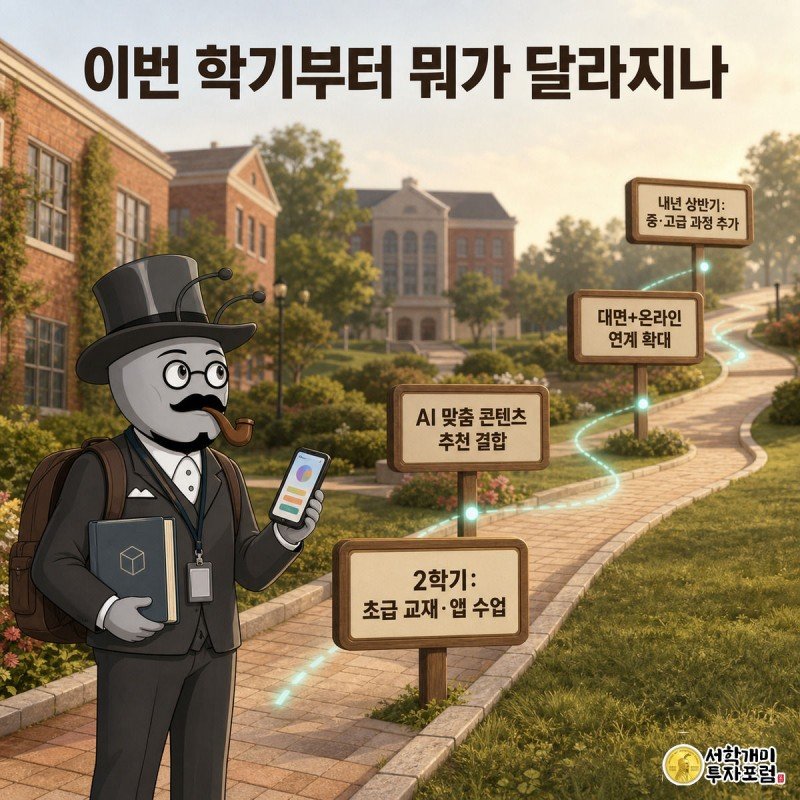 개미 유학생 캐릭터가 캠퍼스 산책로에서 