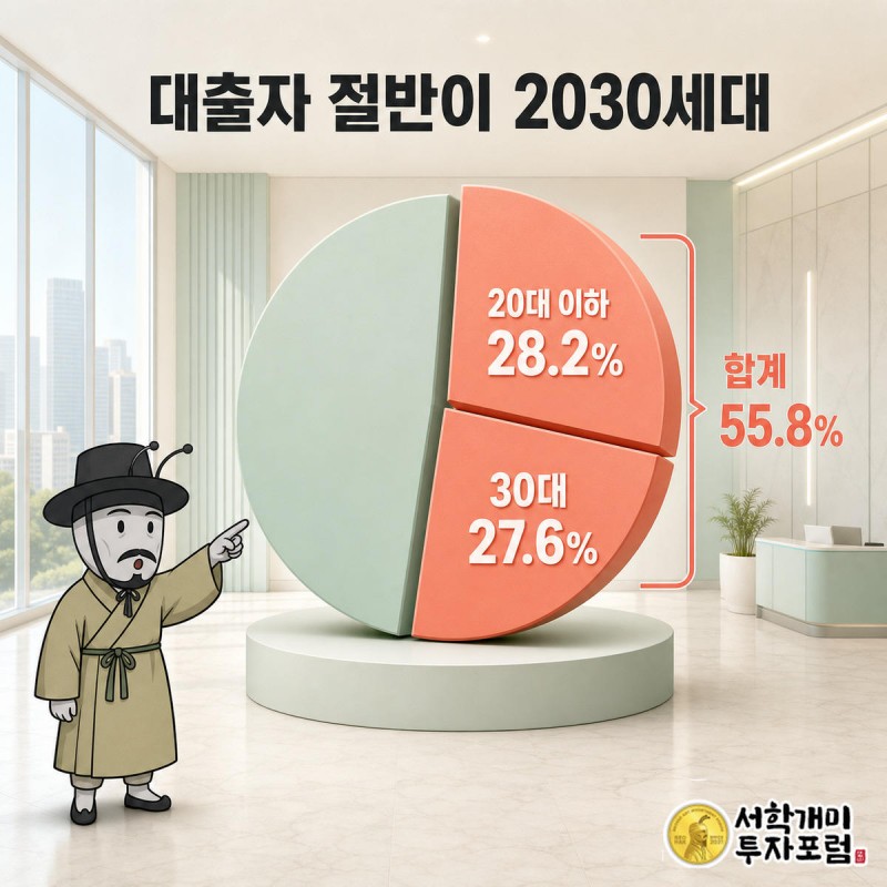 정책서민금융 대출자 연령대 파이차트에서 20대와 30대 조각이 절반 넘게 두툼히 튀어나와 있고 서민개미가 그 조각을 가리키며 놀란다.