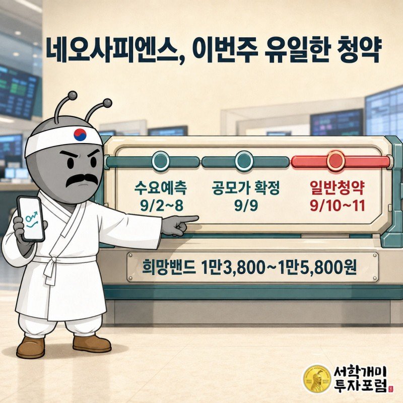 부자개미가 스마트폰을 들고 네오사피엔스 청약 일정 타임라인의 청약 구간을 가리키는 그림