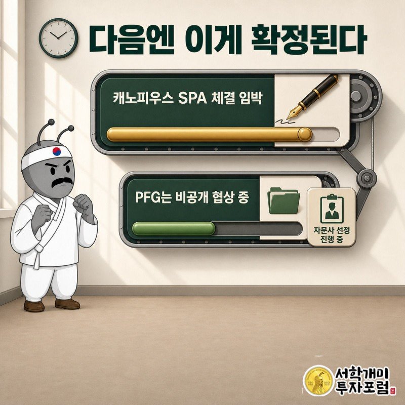 개미가 캐노피우스 SPA 체결은 임박하고 PFG는 아직 빈칸인 체크리스트를 지켜보는 모습