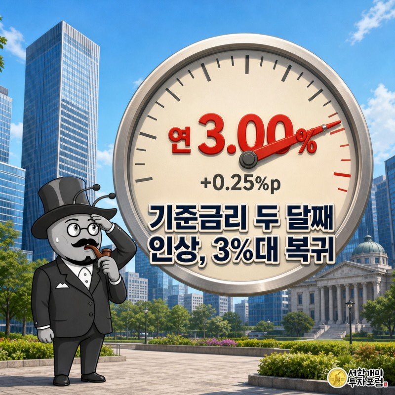 개미가 기준금리 게이지 바늘이 3.00%를 가리키는 것을 보고 놀라는 모습, 배경은 맑은 날 여의도 금융가
