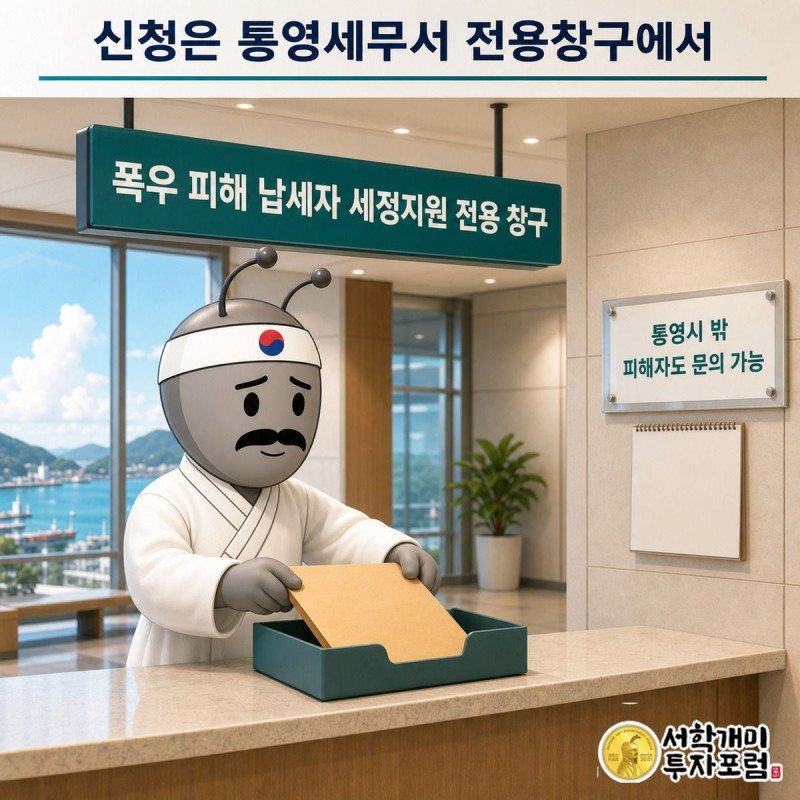 통영세무서 폭우 피해 납세자 세정지원 전용 창구에서 개미가 서류를 접수하는 안내 장면