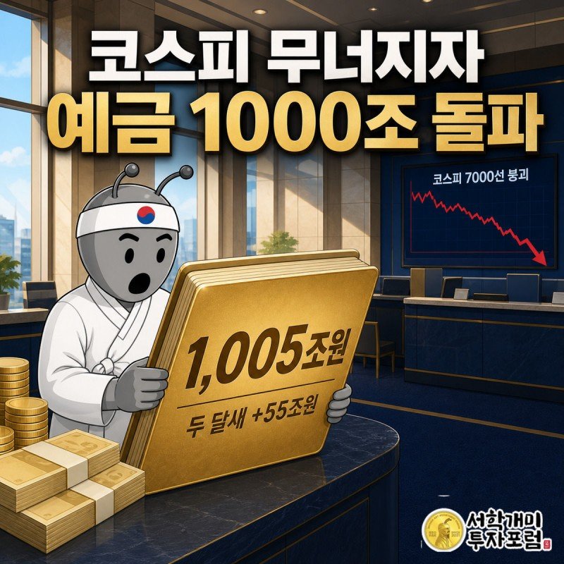 황금빛 정기예금 통장에 1005조원이 찍혀 있고 부자개미가 놀란 표정으로 그 통장을 들여다보는 모습, 배경에는 하락하는 증시 전광판이 작게 보인다