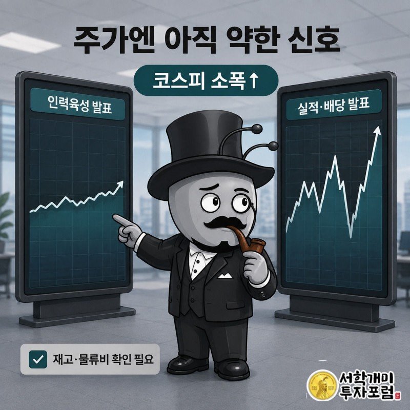 부자개미가 외알 안경을 쓰고 잔잔한 인력육성 발표 주가선과 크게 출렁이는 실적발표 주가선을 의심스러운 표정으로 비교하고 있다