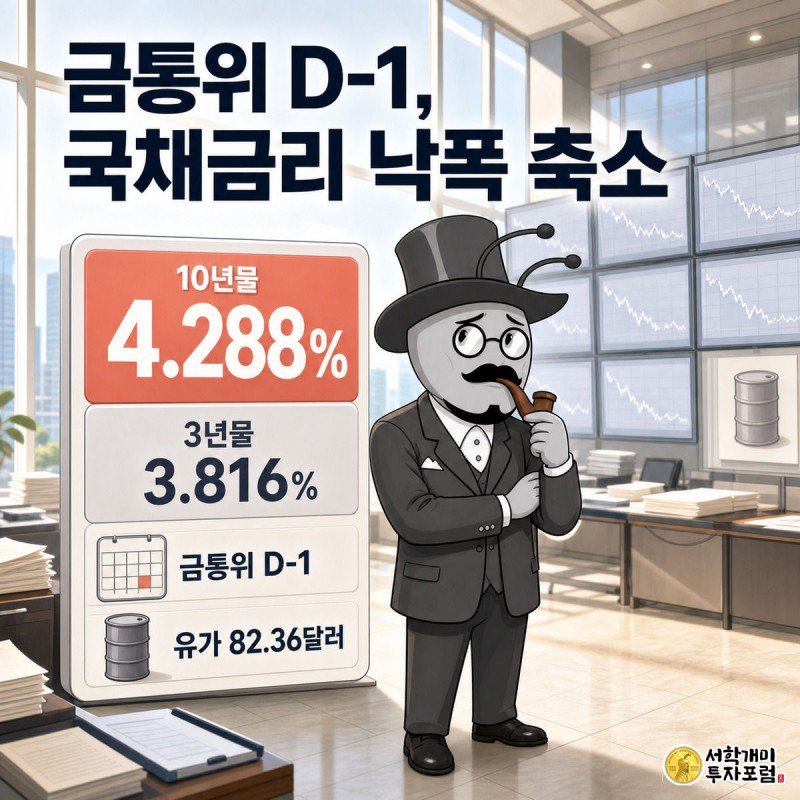 국채 금리 낙폭 축소를 걱정스러운 표정으로 바라보며 내일 금통위 날짜를 가리키는 개미.