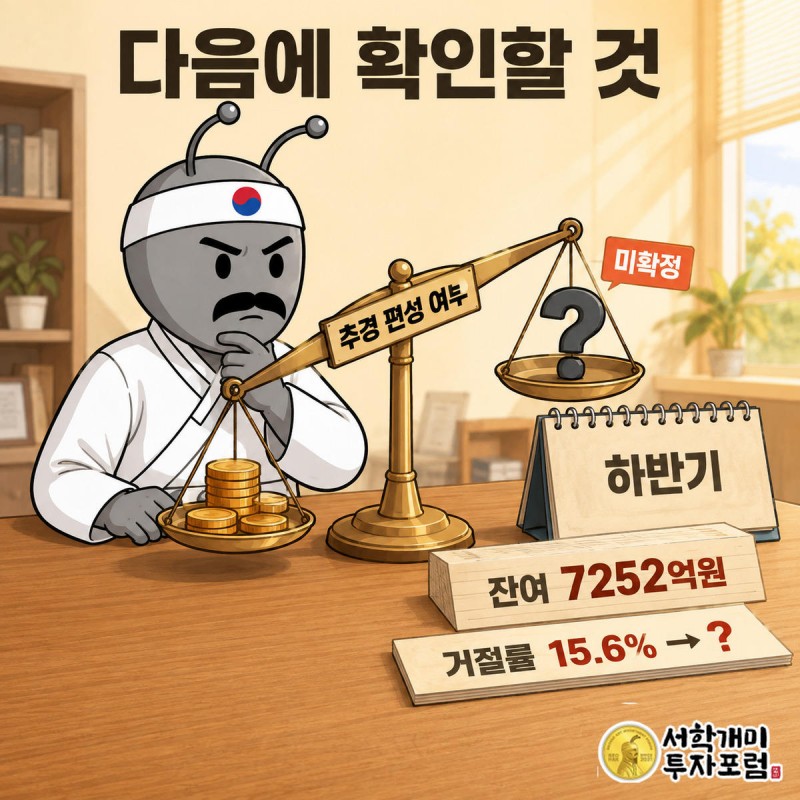 서민개미가 저울과 달력을 번갈아 보며 추가경정예산 편성 여부와 잔여 공급여력, 거절률 추이를 가늠하는 모습
