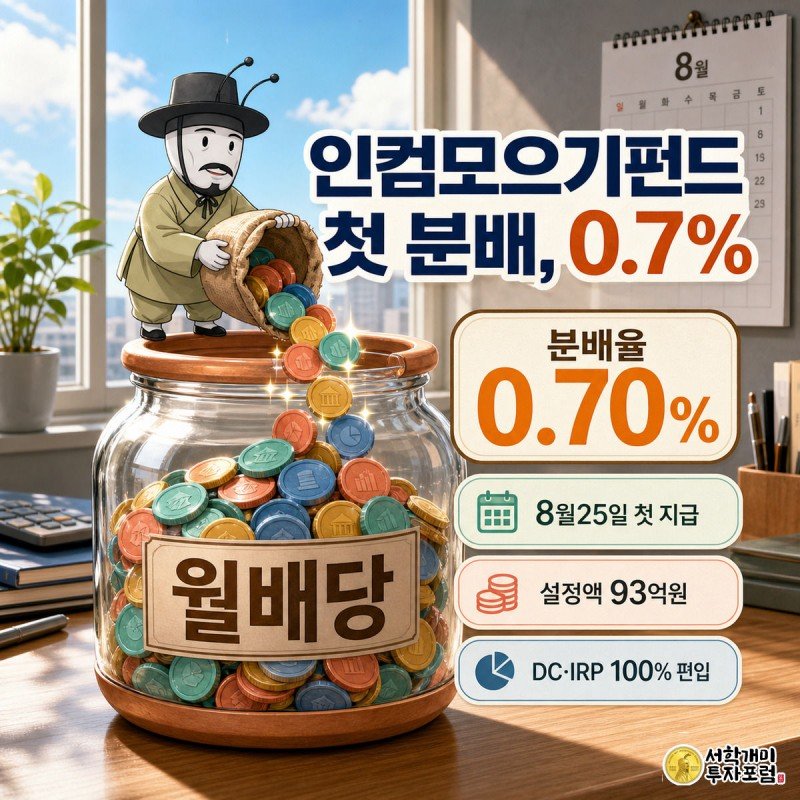 테라코타빛 코인항아리 위에서 개미가 여러 색 코인을 쏟아부으며 분배율 0.70% 배지를 보고 놀라는 인컴모으기펀드 첫 분배금 커버 이미지