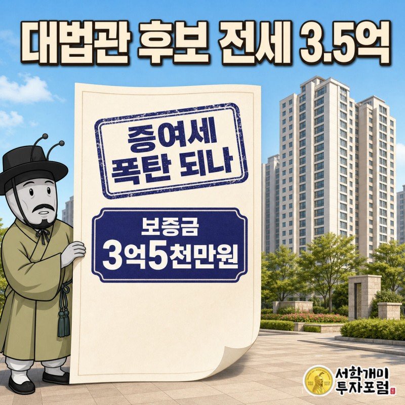 부자개미가 인디고블루 도장이 찍힌 전세계약서를 들고 당황한 표정을 짓는 그림, 계약서에는 보증금 3억5천만원이라는 수치가 강조돼 있다.
