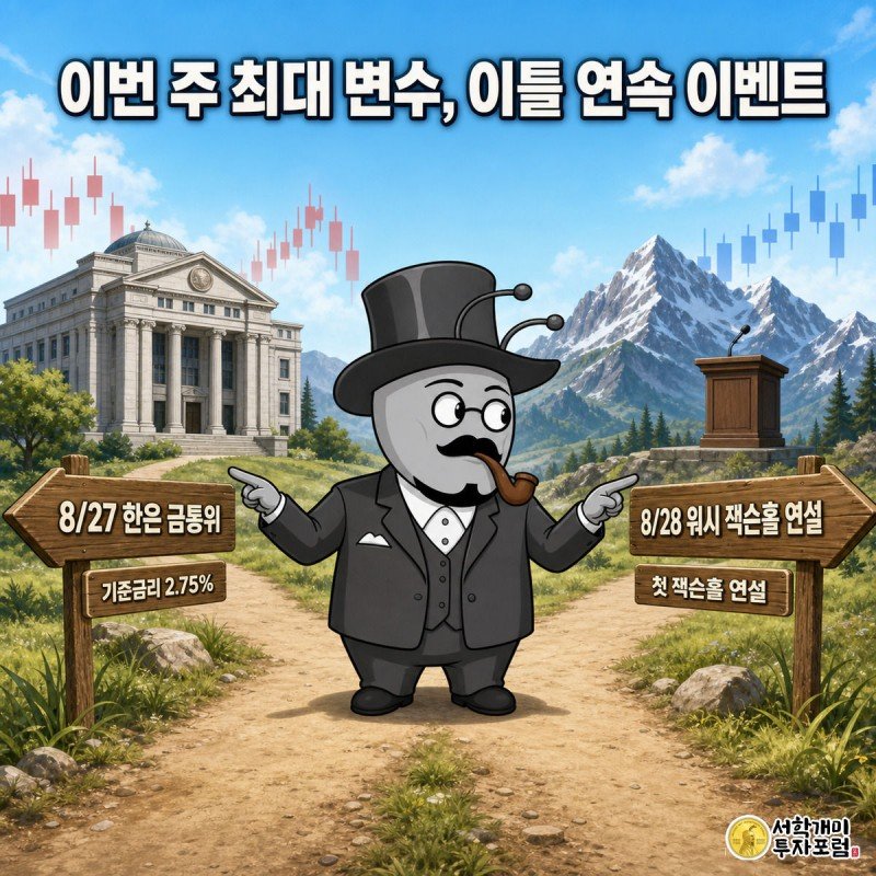갈림길에서 27일 금통위와 28일 잭슨홀 연설 팻말을 번갈아 쳐다보며 긴장하는 개미