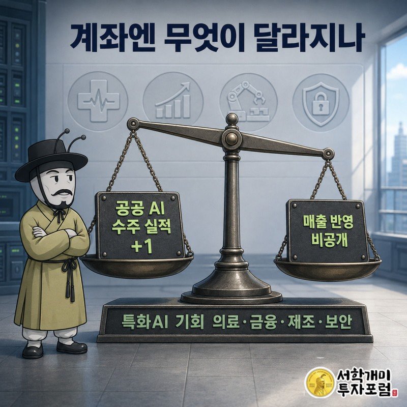 공공 AI 수주 실적과 매출 반영 여부를 저울에 올려놓고 개미가 팔짱 낀 채 의심스러운 표정으로 바라보는 그림