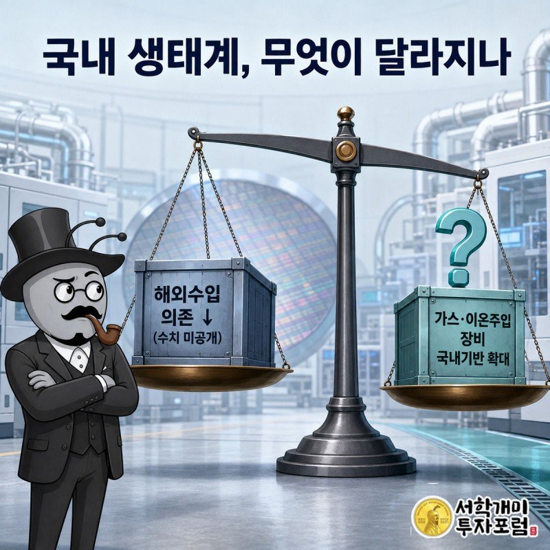 저울 한쪽엔 해외수입 상자, 다른 쪽엔 물음표가 붙은 국내조달 상자가 놓여 있고 개미가 의심스러운 표정으로 지켜보는 그림