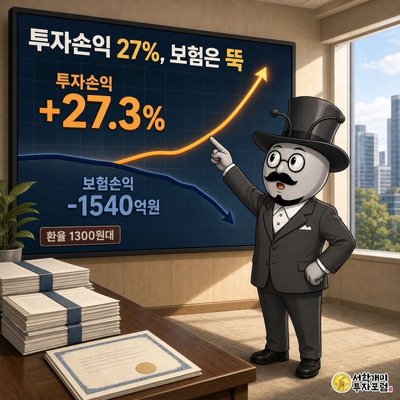 보험사 사무실 스크린 앞에서 개미가 치솟는 투자손익 그래프를 가리키며 놀라는 모습