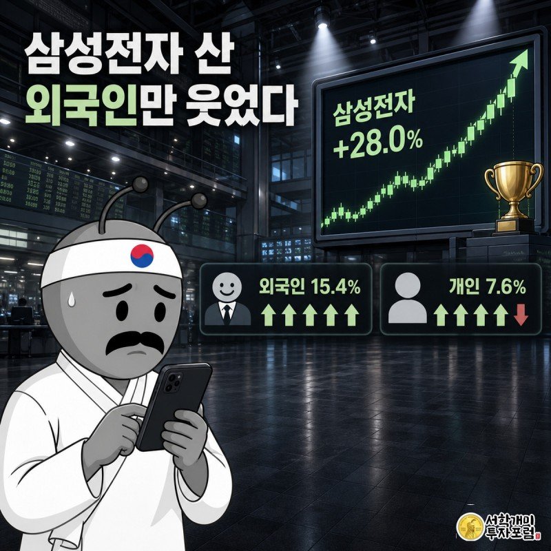 낙담한 개인 투자자 개미와 흐뭇하게 웃는 외국인 투자자가 대비되는 거래소 장면, 외국인 15.4%와 개인 7.6% 수익률 데이터 위젯이 표시되어 있다