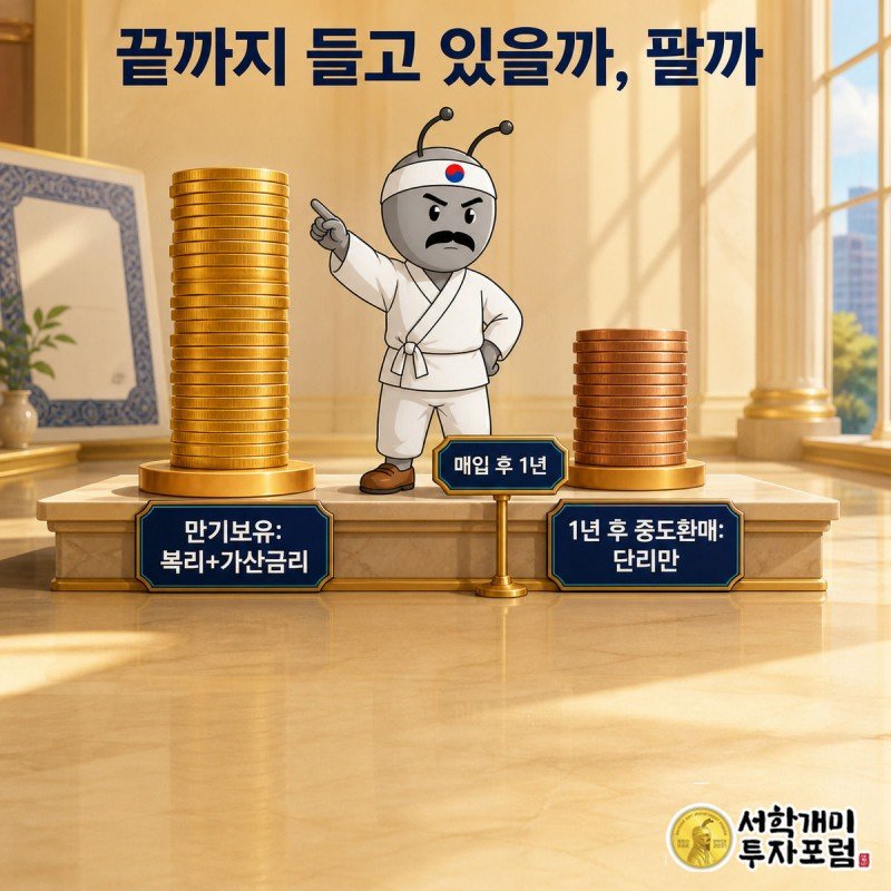 복리로 높이 쌓인 동전탑 앞에서 뿌듯해하는 개미와 단리로 낮게 쌓인 동전탑 앞에서 아쉬워하는 개미를 나란히 비교한 그림