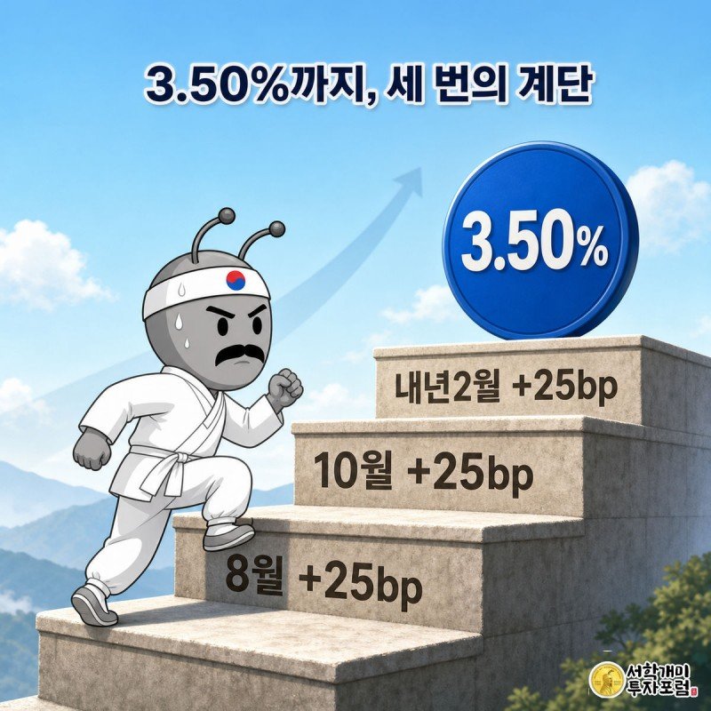 개미가 8월, 10월, 내년 2월 세 계단을 올라 최종금리 3.50% 배지에 도달하는 그림