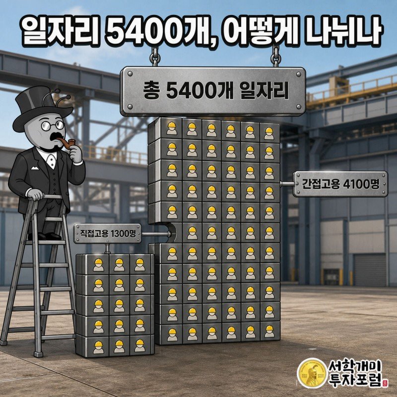 노동자 아이콘 블록이 쌓여 총 5400개 일자리 숫자를 완성하는 모습을 개미 캐릭터가 올려다보는 그림