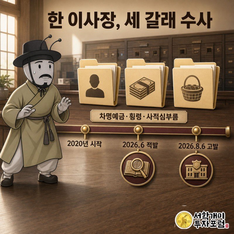 시간축 위에 2020년 시작, 2026년 6월 적발, 8월 6일 고발이 표시되고 그 위로 차명예금·기금횡령·사적심부름 세 서류철이 각각 다른 도장과 함께 놓여 부자개미가 당황하는 인포그래픽