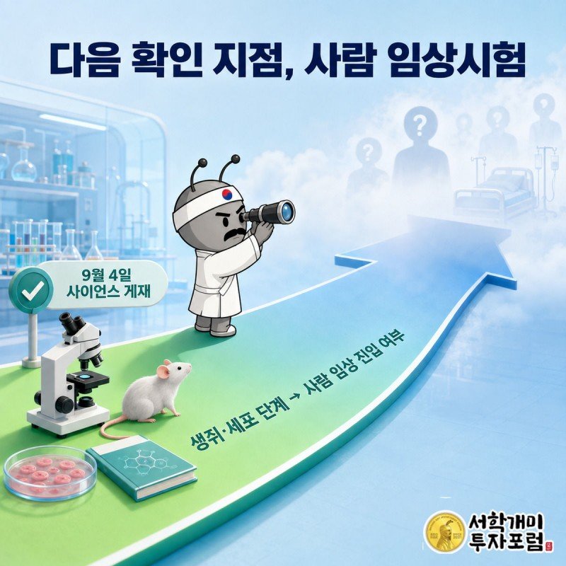 생쥐·세포 실험 구간에서 안갯속 사람 임상시험 구간으로 이어지는 화살표 길을 부자개미가 망원경으로 살피는 삽화