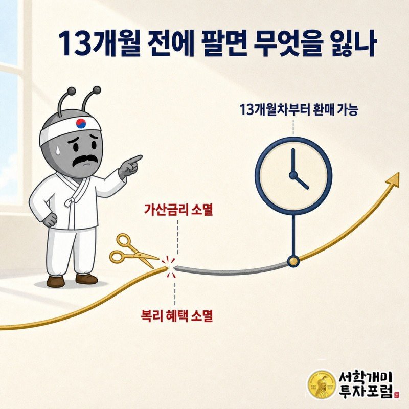 서민개미가 곤란한 표정으로 시계를 가리키는 옆에서, 자라던 금색 복리 곡선이 13개월 지점 이전에서 끊겨 회색으로 바뀌는 모습