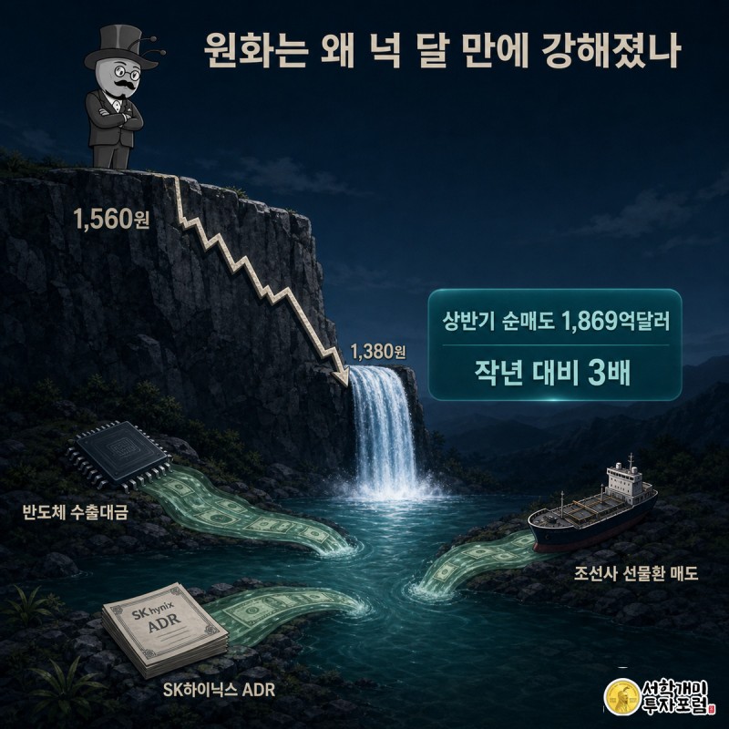 개미 캐릭터가 절벽 위에서 환율이 폭포처럼 떨어지는 그래프와 반도체·ADR·조선사 세 물줄기가 흘러드는 웅덩이를 내려다보는 그림