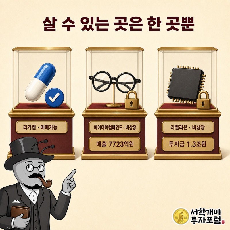 개미가 상장된 리가켐바이오사이언스 칸을 가리키며 나머지 두 비상장 회사와 비교하는 모습