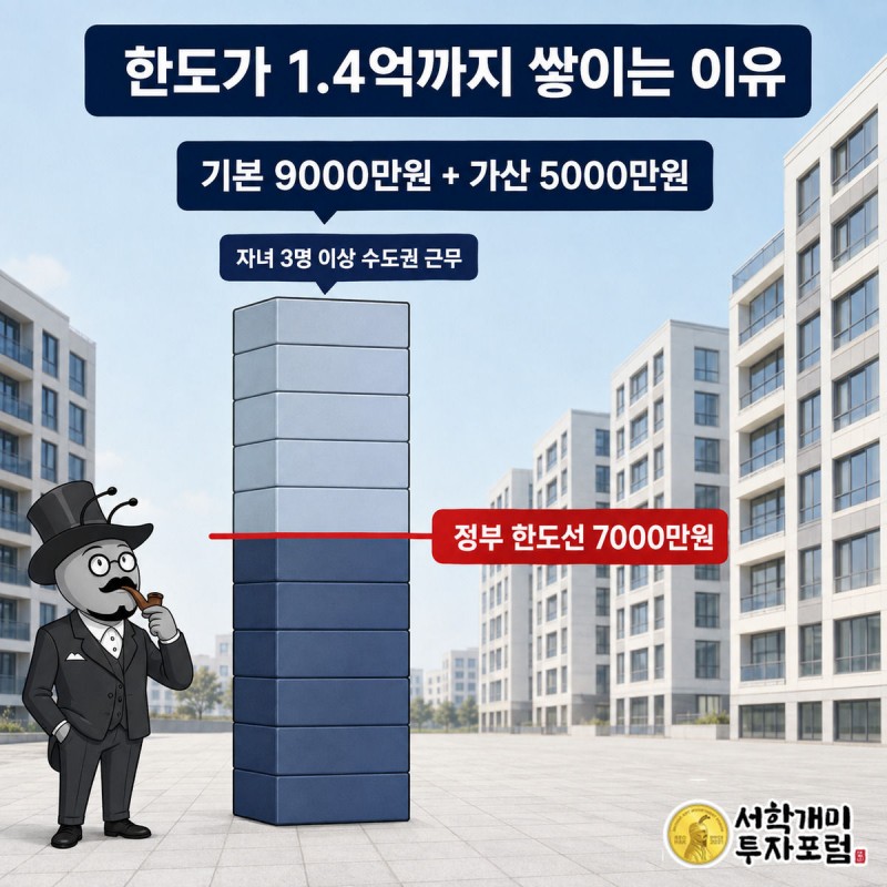 서민개미가 기본한도와 자녀가산 블록이 정부 한도선을 넘어 쌓인 모습을 올려다보는 그림