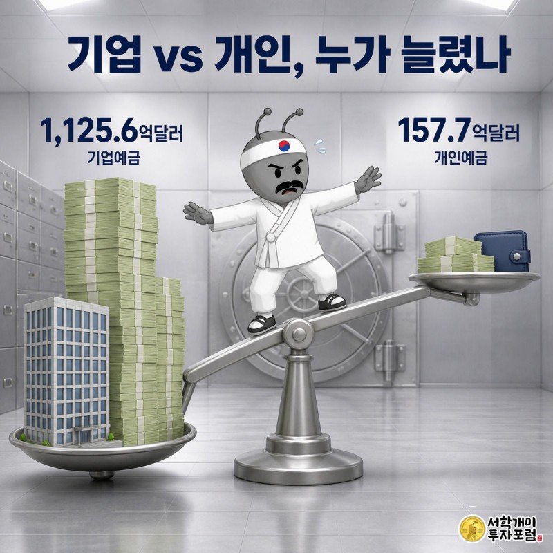 저울 위에 선 개미가 왼쪽의 높은 기업 달러다발과 오른쪽의 낮은 개인 달러다발 사이에서 기울어진 균형을 당황한 표정으로 바라보는 그림