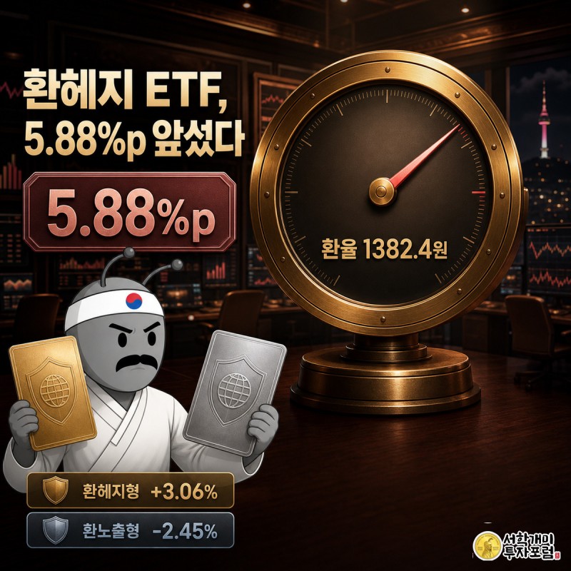황동 환율 게이지가 13개월 최저 1382.4원을 가리키는 가운데 환헤지형 ETF 증서를 든 개미는 웃고 환노출형 ETF 증서를 든 개미는 낙담하는 모습